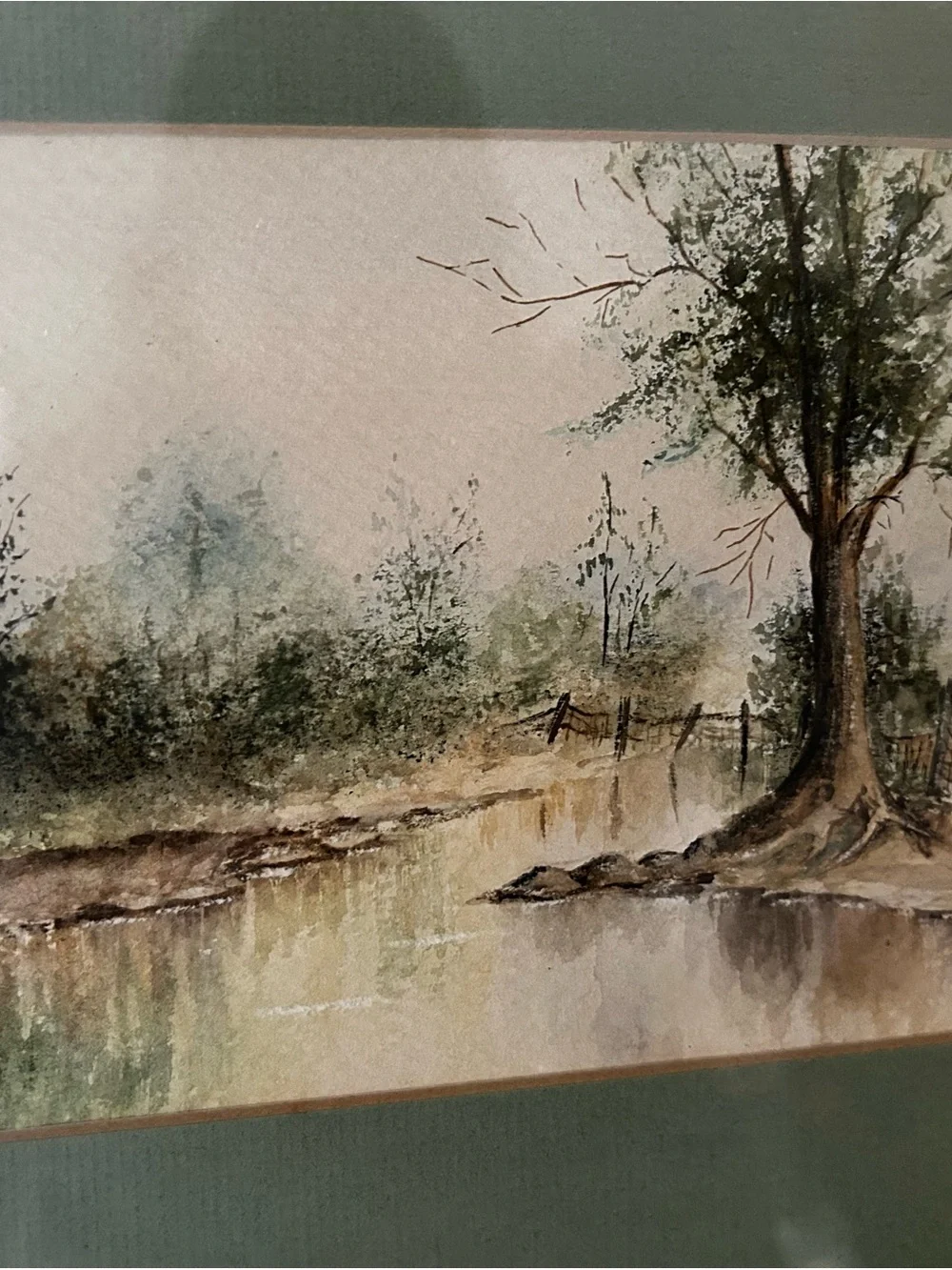 Framed Landscape Original signed Watercolor Painting in Green Mat and Wood Frame